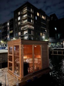 Floating sauna in the evening